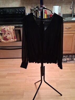 1. State Black Sheer V-Neck Long Sleeve Blouse with Elastic Hem